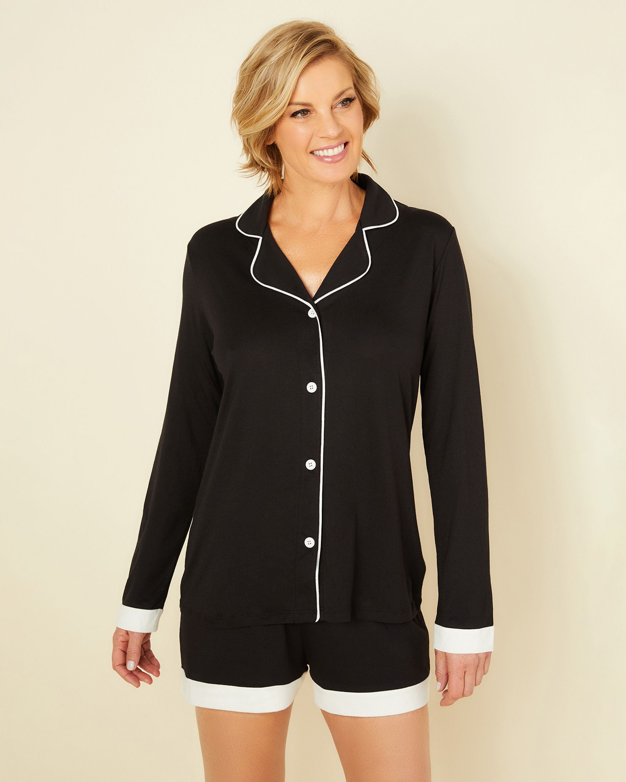 Cosabella Bella Bridal Long Sleeve Top & Boxer Pajama Set in black