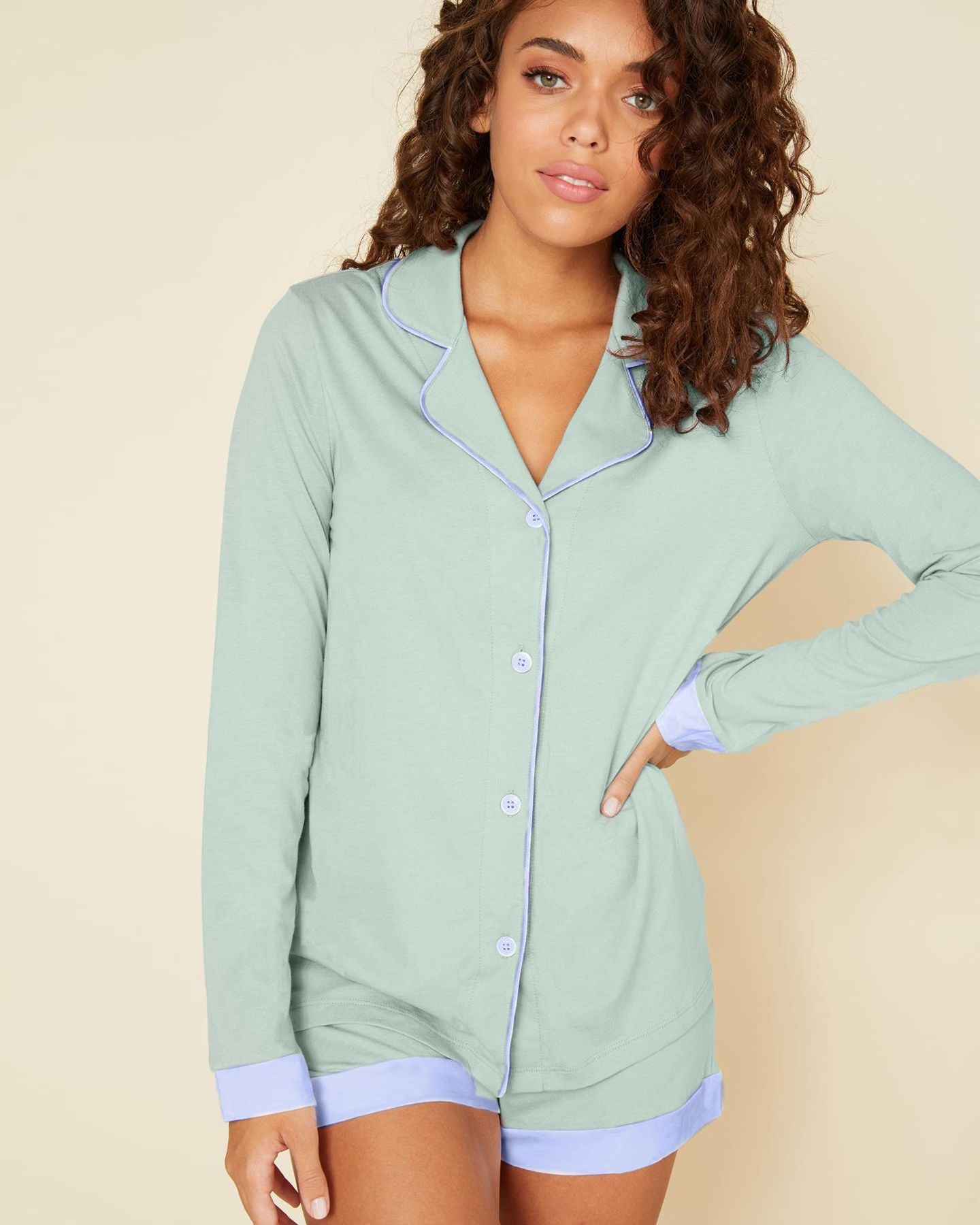 Cosabella Bella Bridal Long Sleeve Top & Boxer Pajama Set in green