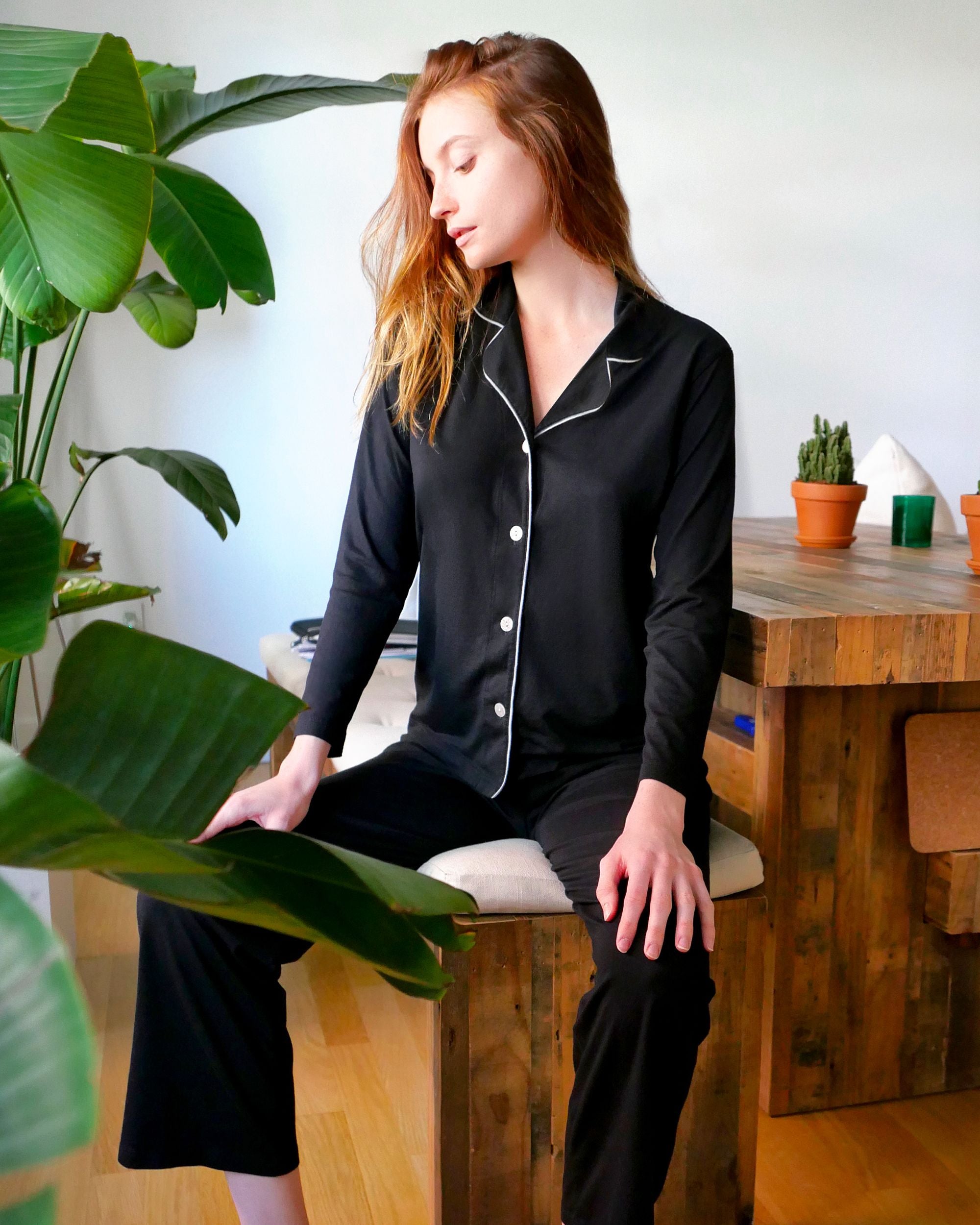 Cosabella Bella Long Sleeve Top & Pant Set in black