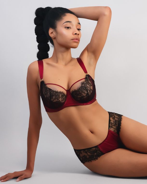 TeAmore Dusk Leavers Lace Brazilian Brief in red