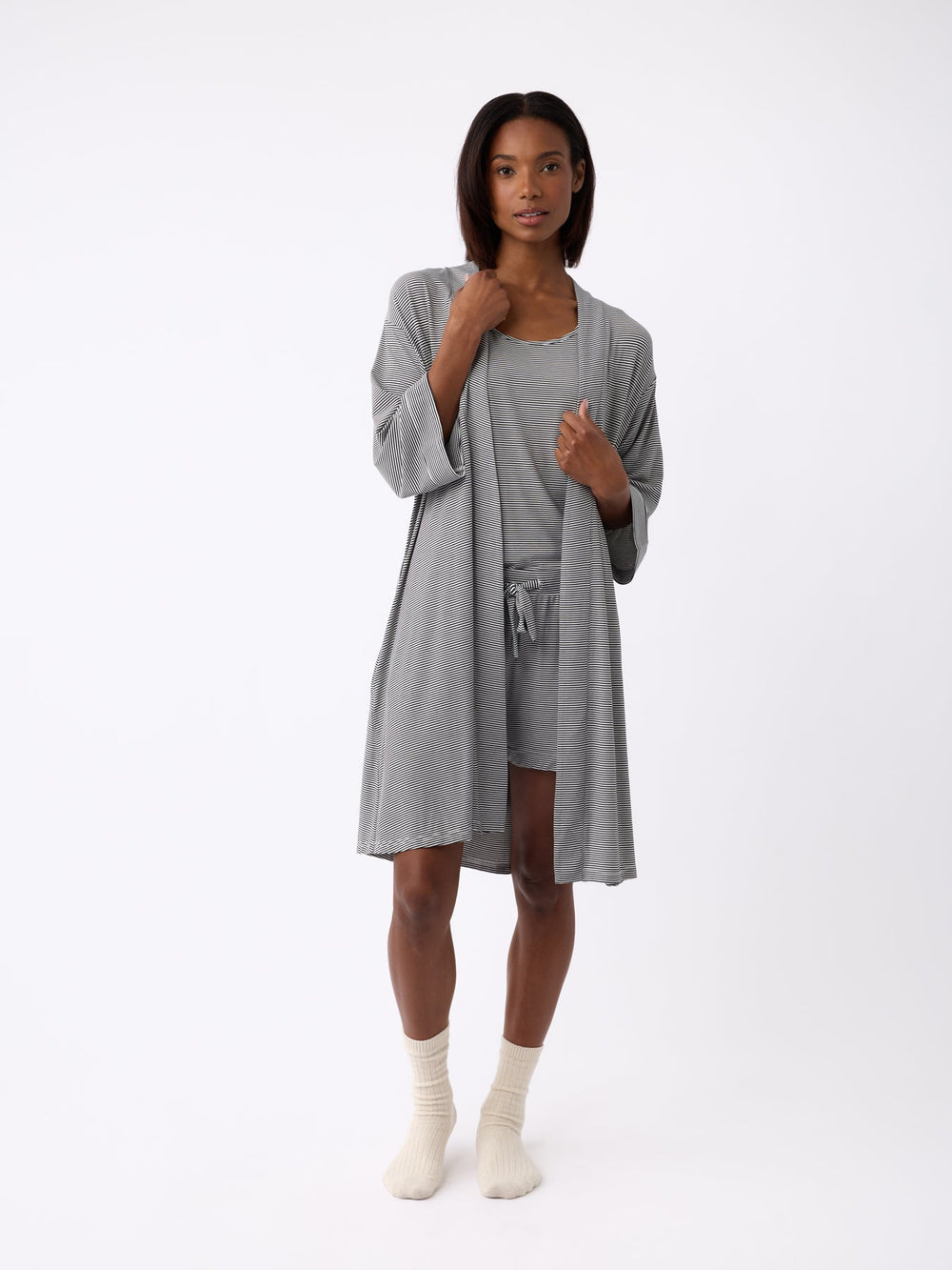 Women's Bamboo Stretch-Knit Kimono Robe in gray - lifestyle | Cozy Earth