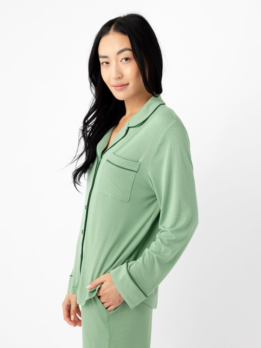 Women's Bamboo Stretch-Knit Long Sleeve Pajama Top (Collective) in blue - lifestyle | Cozy Earth