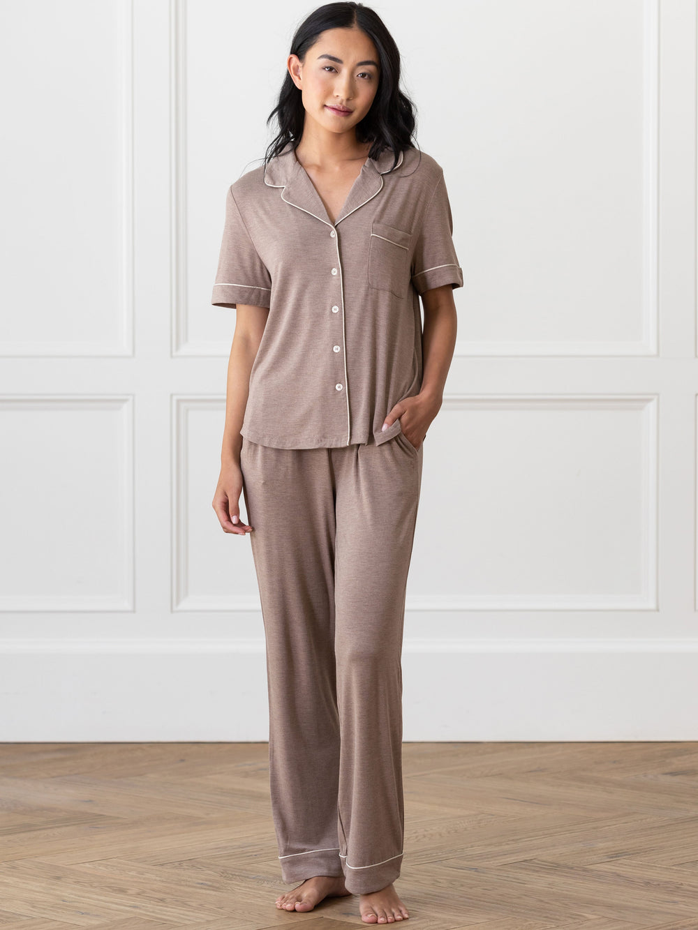 Women's Bamboo Stretch-Knit Short Sleeve Pajama Top (Collective) in white - lifestyle | Cozy Earth