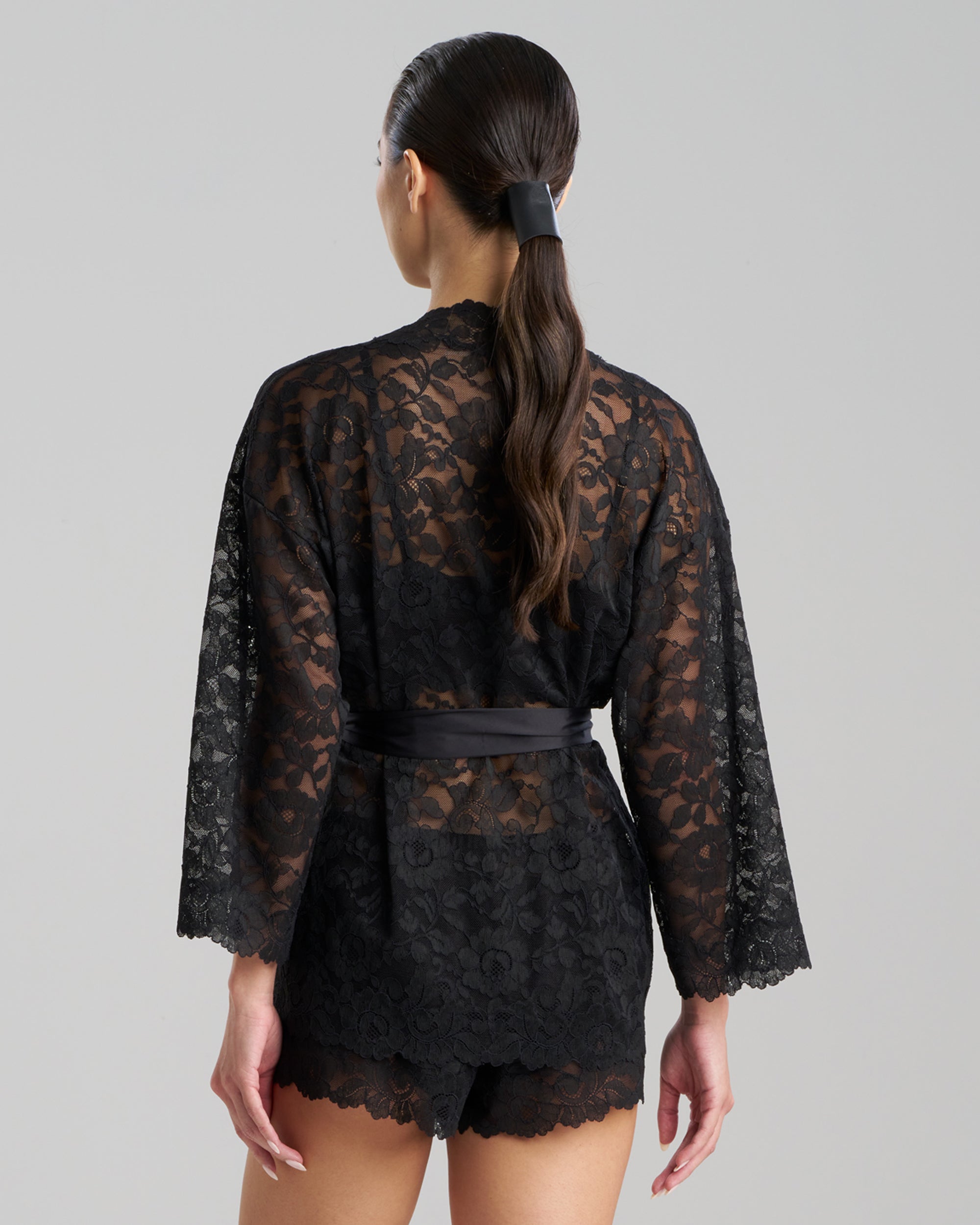 Natori Allover Lace Wide Sleeve Wrap in black
