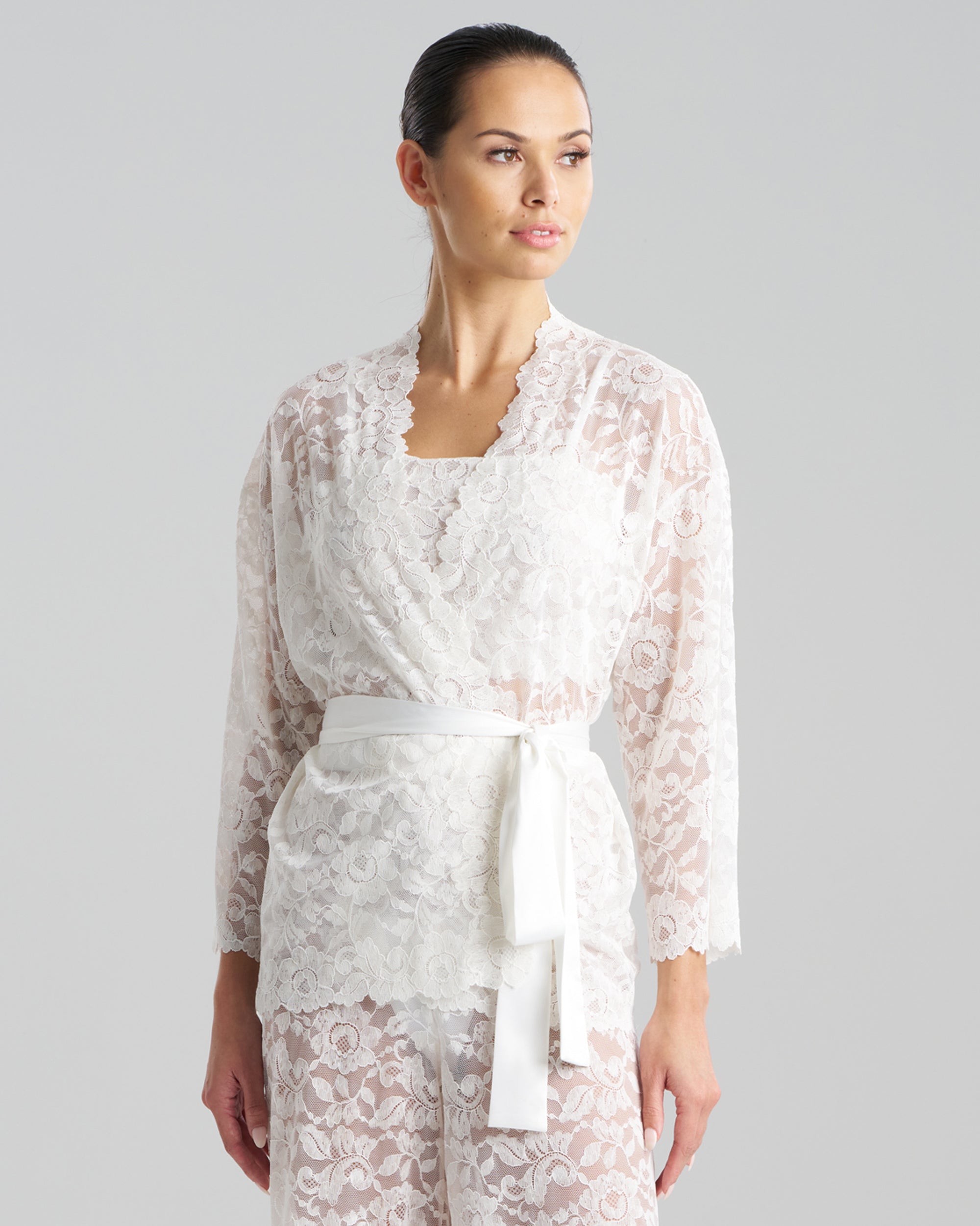 Natori Allover Lace Wide Sleeve Wrap in white