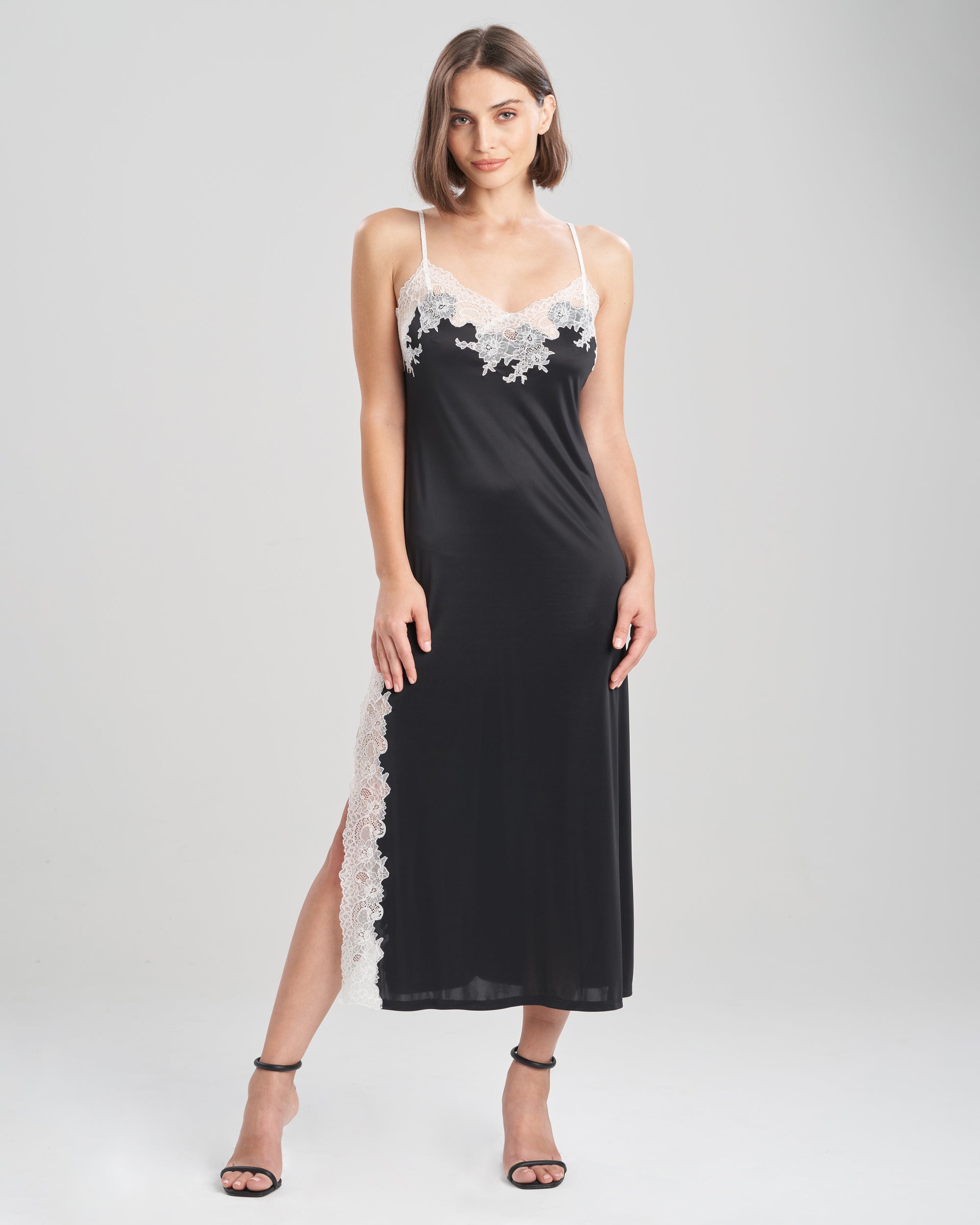 Natori Lace Applique Lace Slip Dress in black