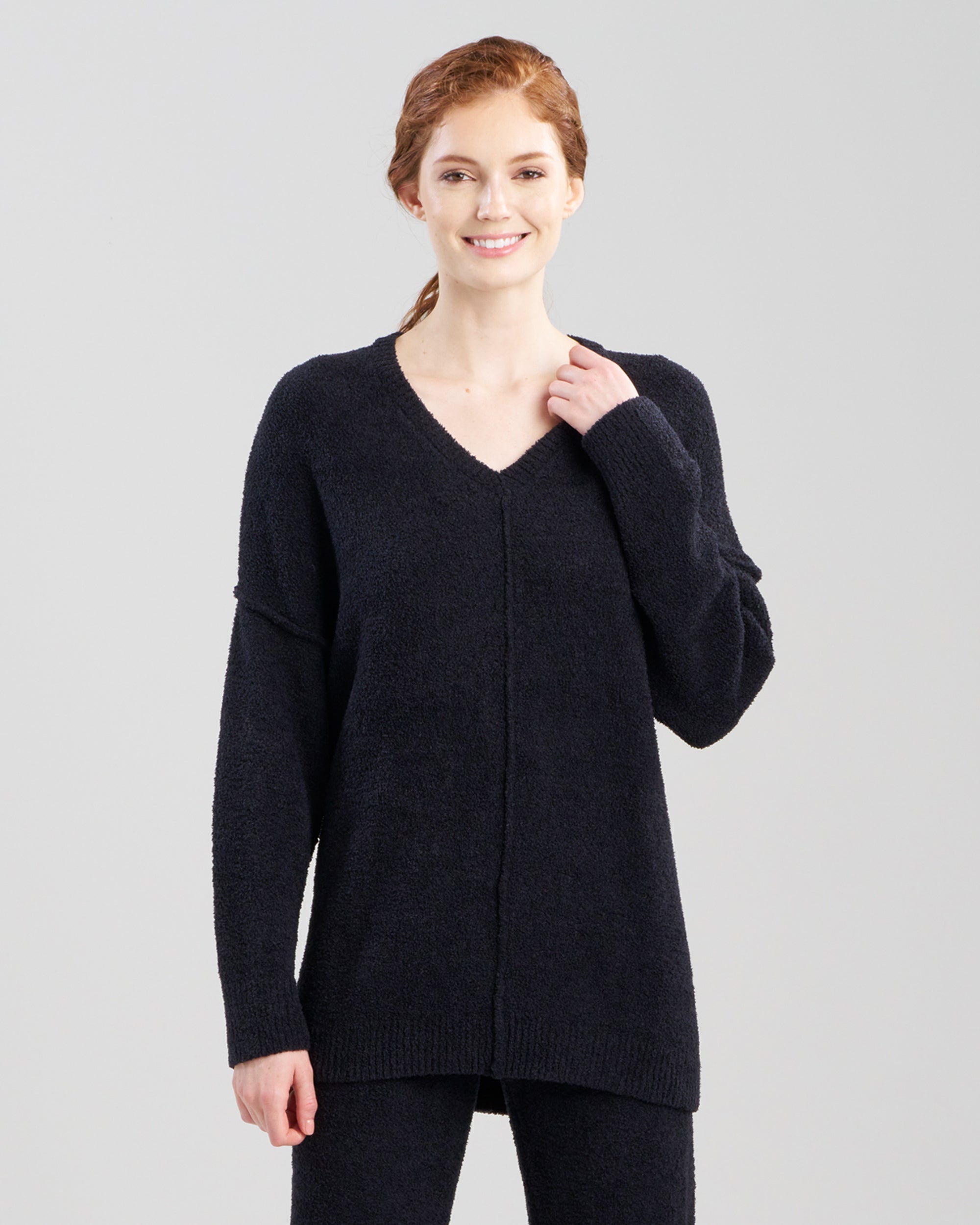 Natori Cozy Luxe V Neck Long Sleeve Top in black