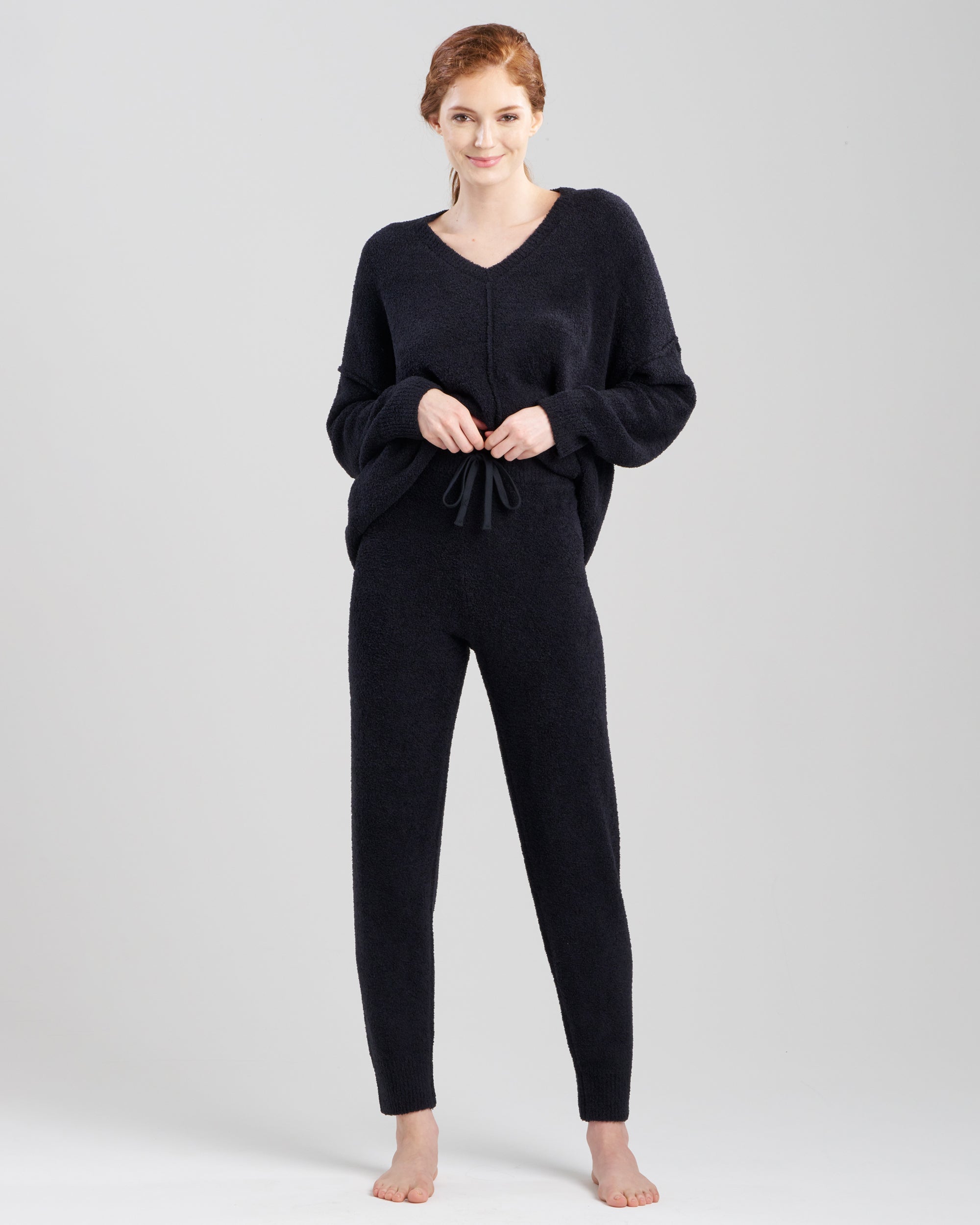 Natori Cozy Luxe V Neck Long Sleeve Top in black