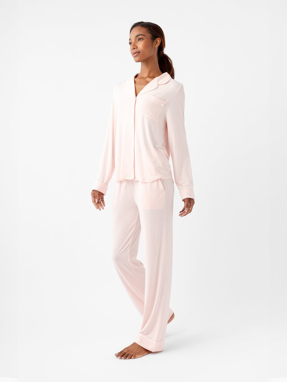 Women's Bamboo Stretch-Knit Long Sleeve Pajama Set - Tall in black - lifestyle | Cozy Earth
