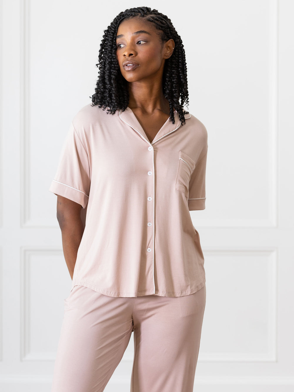 Women's Bamboo Stretch-Knit Short Sleeve Pajama Top (Collective) in white - lifestyle | Cozy Earth
