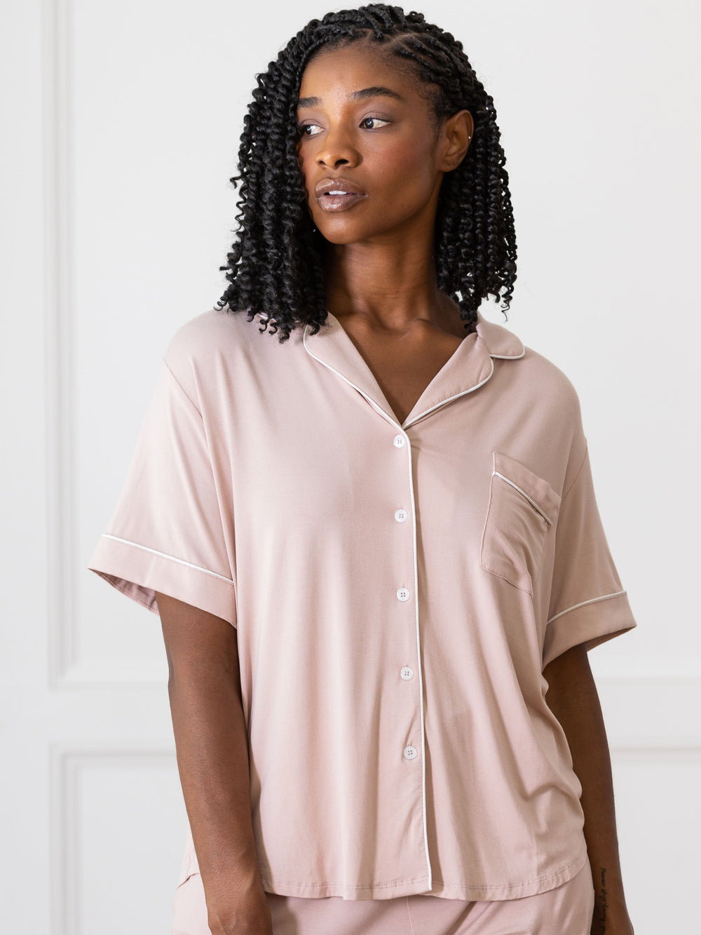 Women's Bamboo Stretch-Knit Short Sleeve Pajama Top (Collective) in white - lifestyle | Cozy Earth
