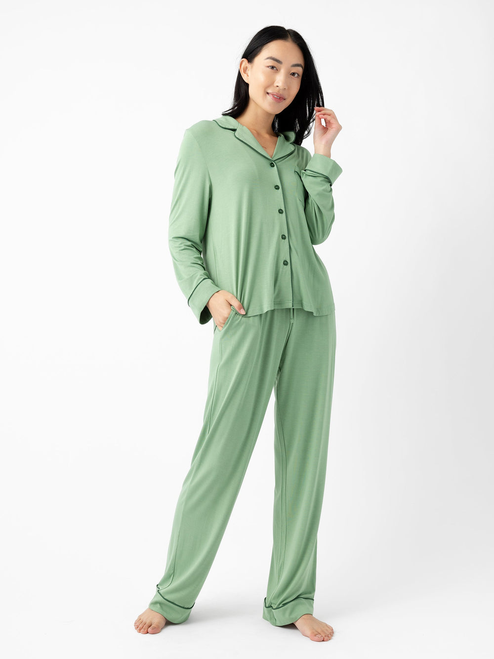 Women's Bamboo Stretch-Knit Long Sleeve Pajama Top (Collective) in blue - lifestyle | Cozy Earth
