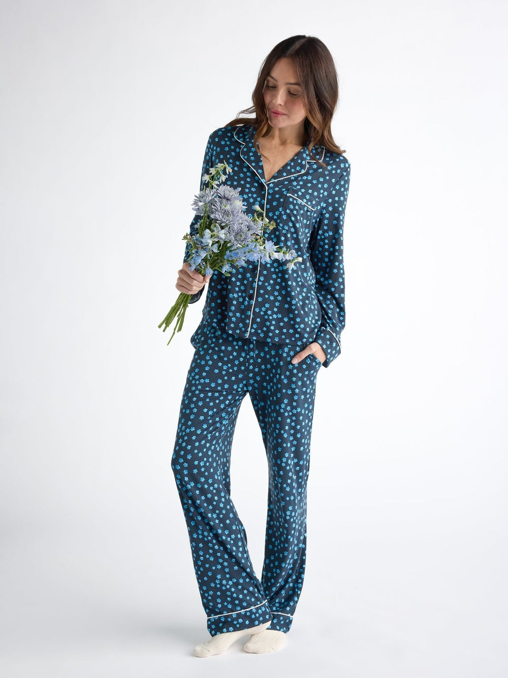 Women's Bamboo Stretch-Knit Long Sleeve Pajama Top (Collective) in blue | Cozy Earth