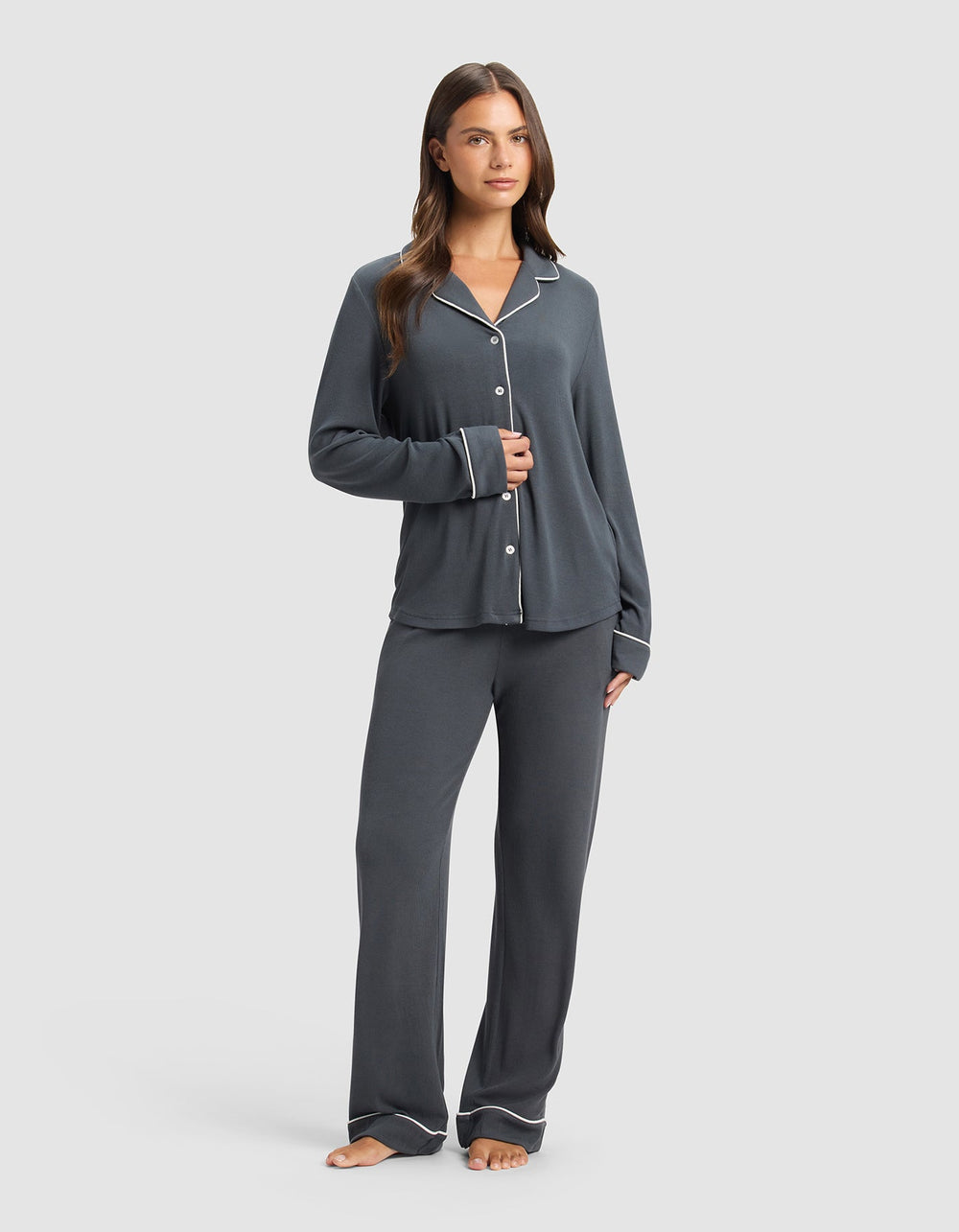 Women's Bamboo Rib-Knit Classic Long Sleeve Pajama Set in brown | Cozy Earth