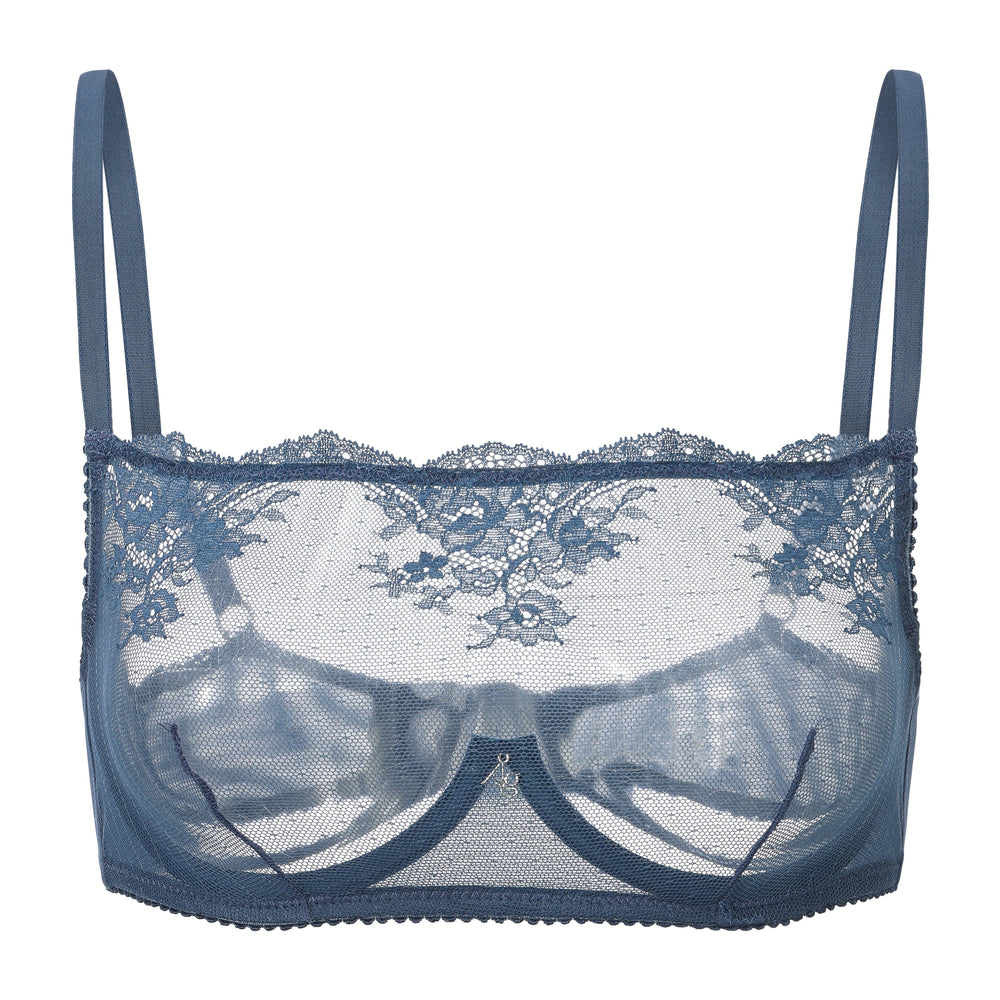 Kim High Neck Sheer Lace Underwire Bra in blue | Amour d'Agnette
