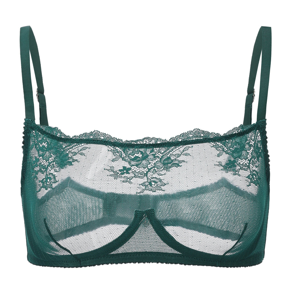 Kim High Neck Sheer Lace Underwire Bra in blue | Amour d'Agnette