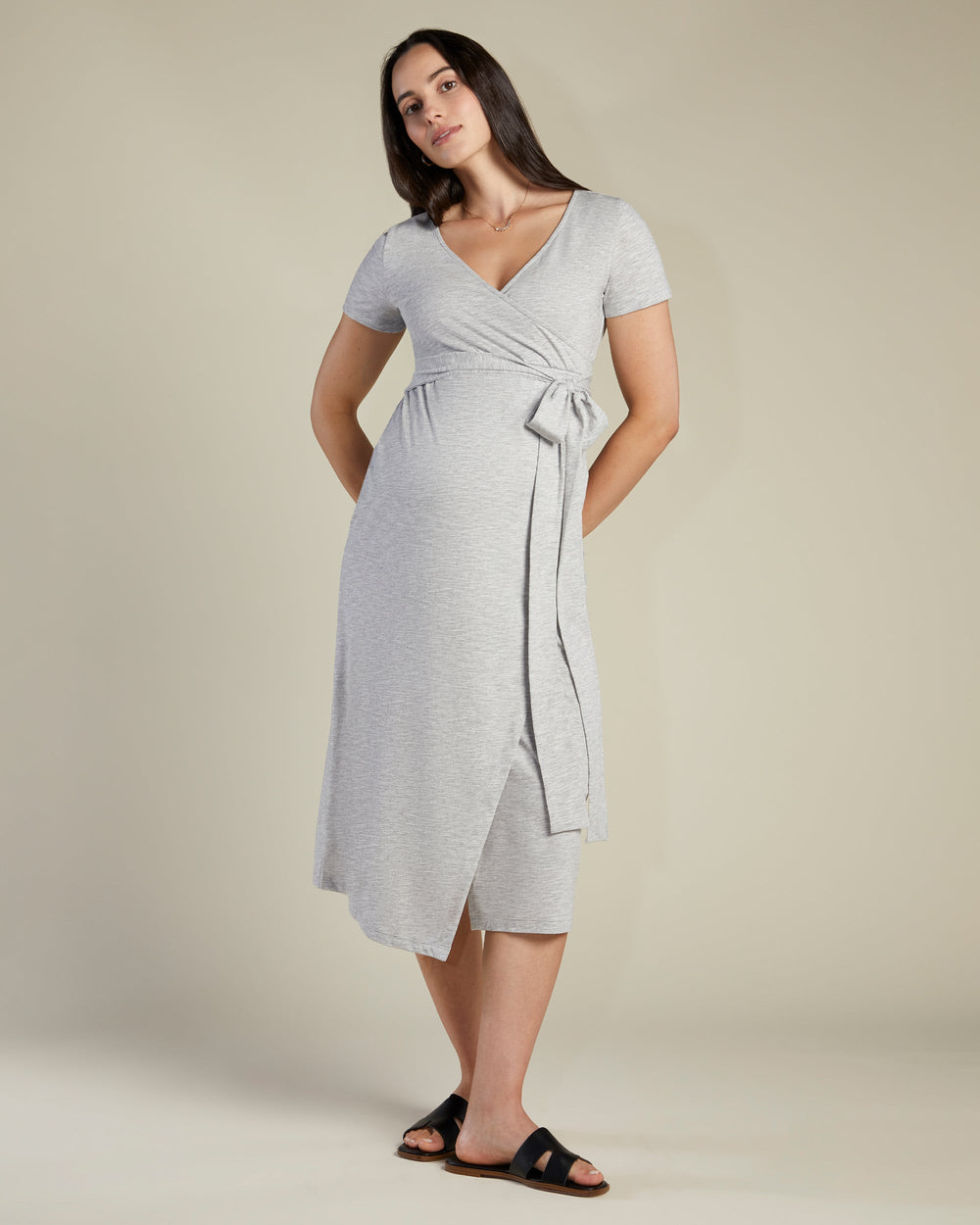 A Pea In the Pod Willow Short Sleeve Wrap Maxi Dress in gray