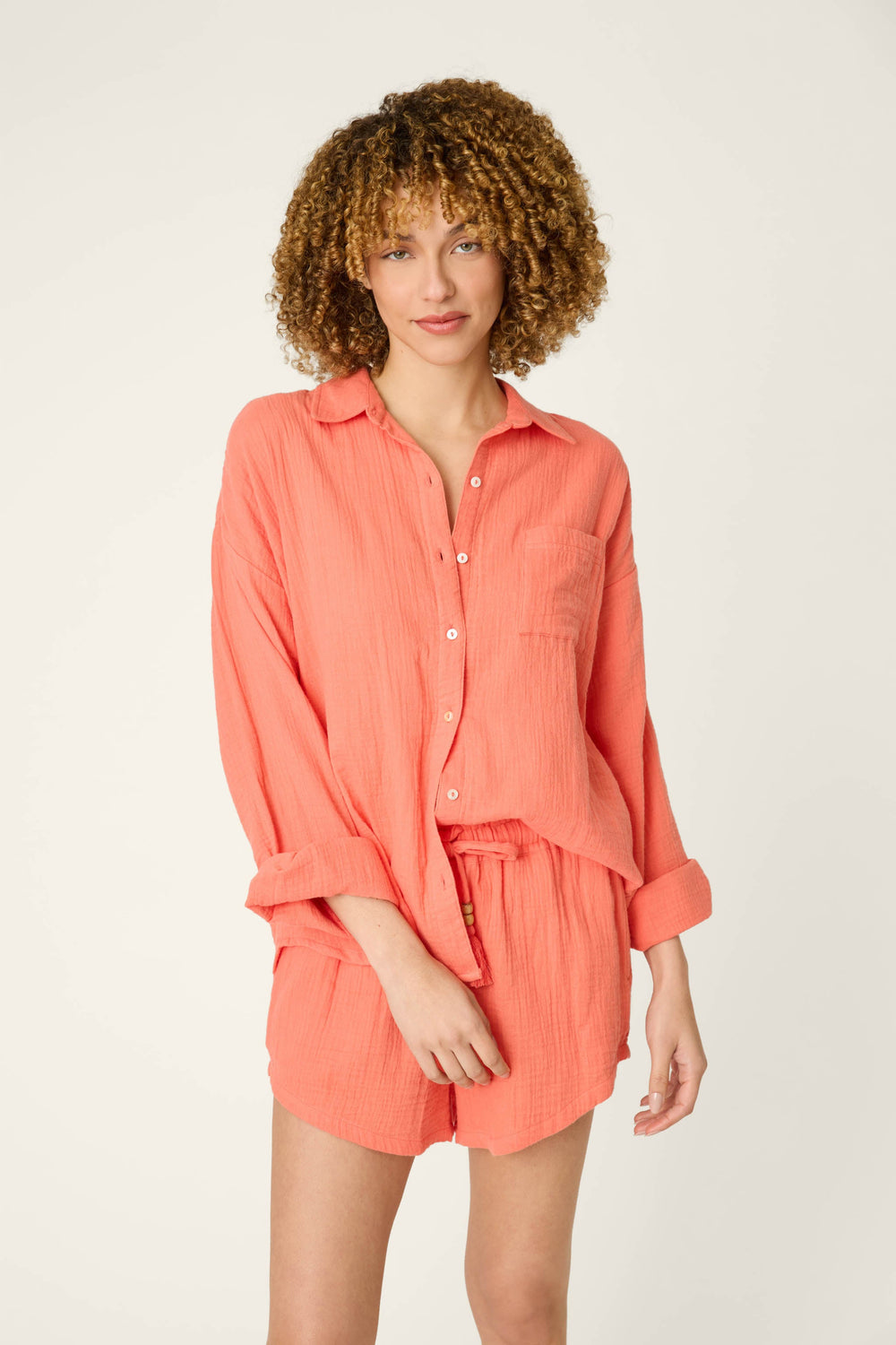 P.J. Salvage Sea You in Capri Hot Coral Long Sleeve Top in orange