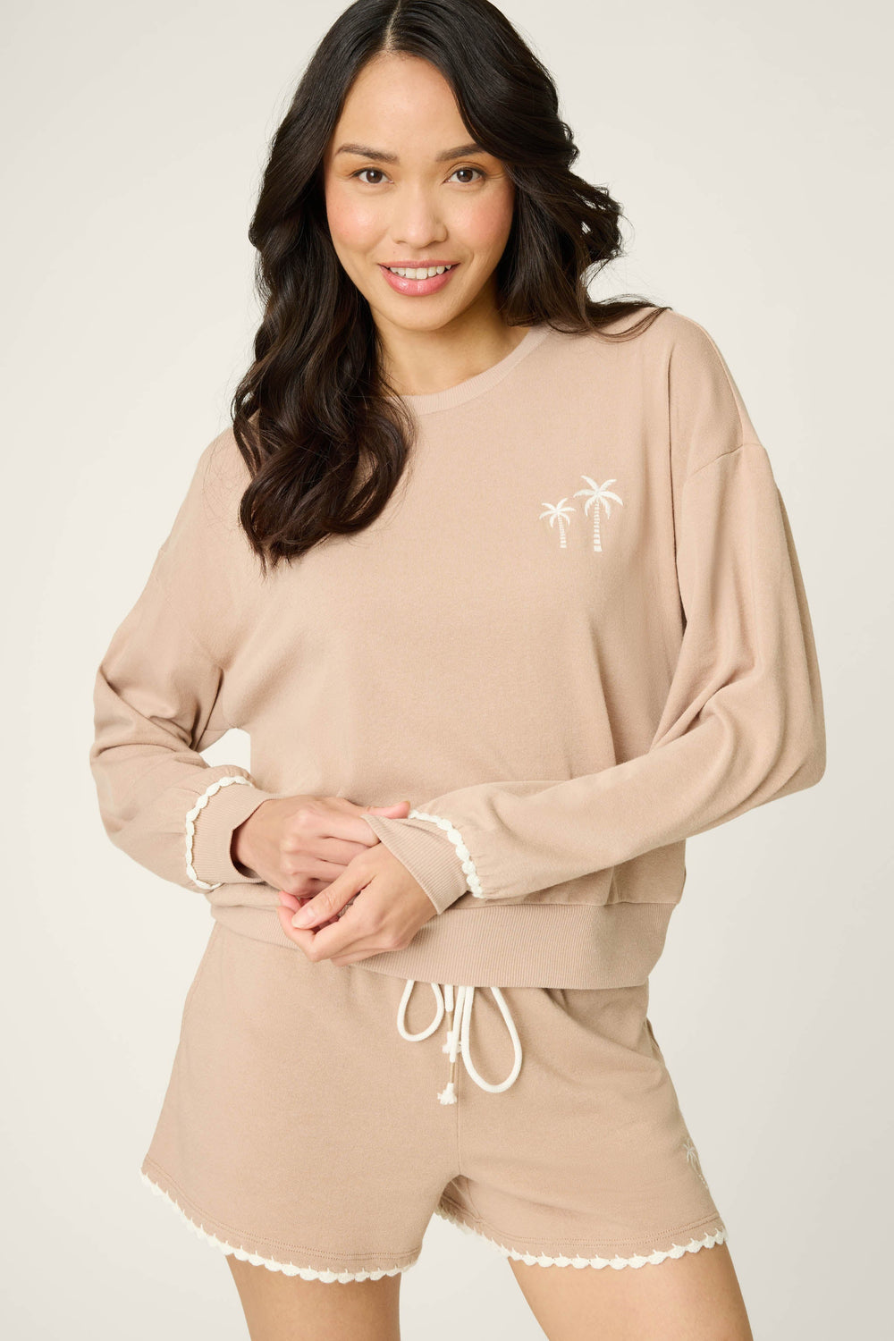 P.J. Salvage Palms Away Warm Taupe Long Sleeve Top in beige