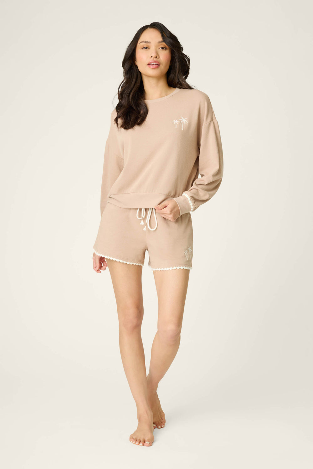 P.J. Salvage Palms Away Warm Taupe Long Sleeve Top in beige