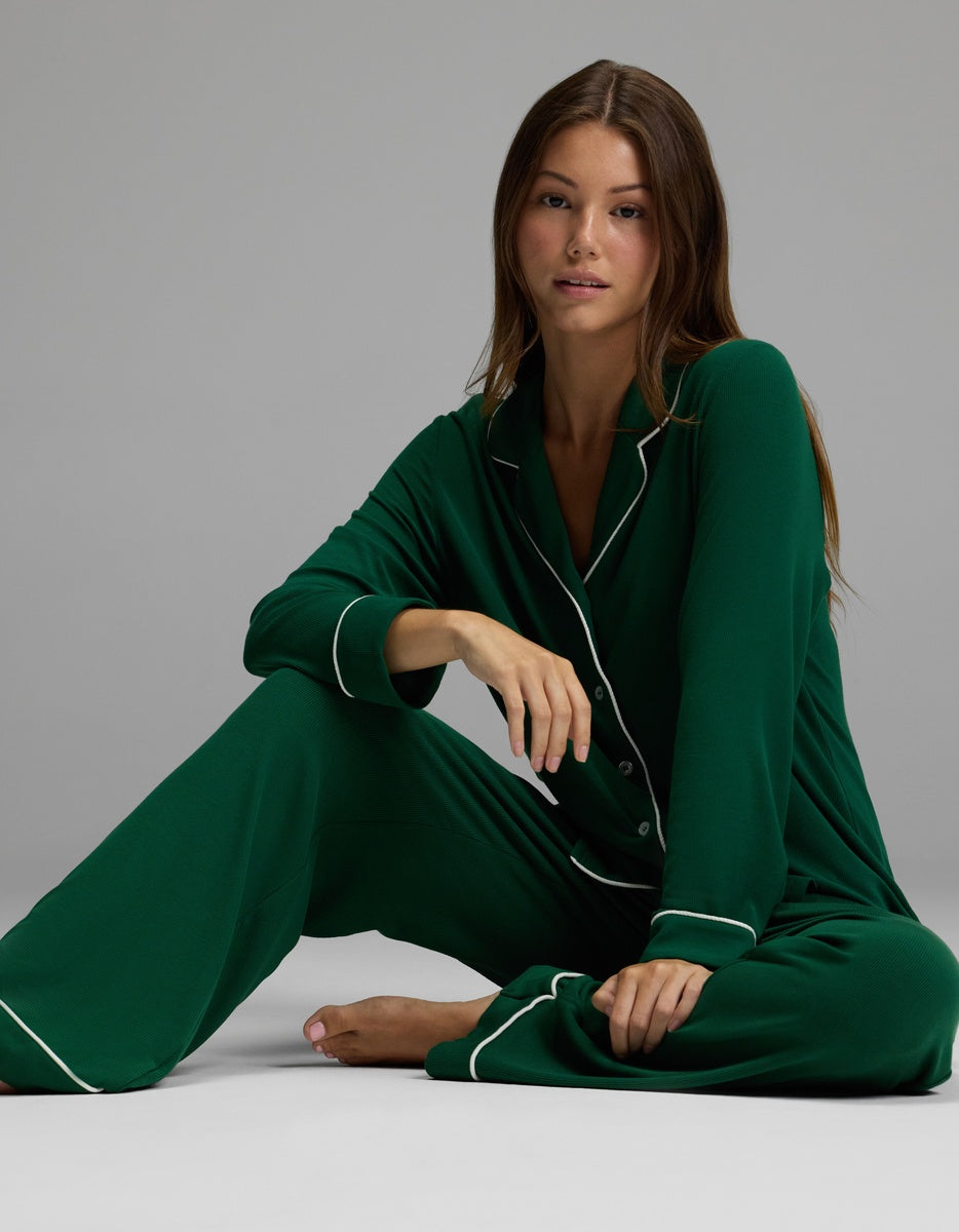 Women's Bamboo Rib-Knit Classic Pajama Pant in blue | Cozy Earth