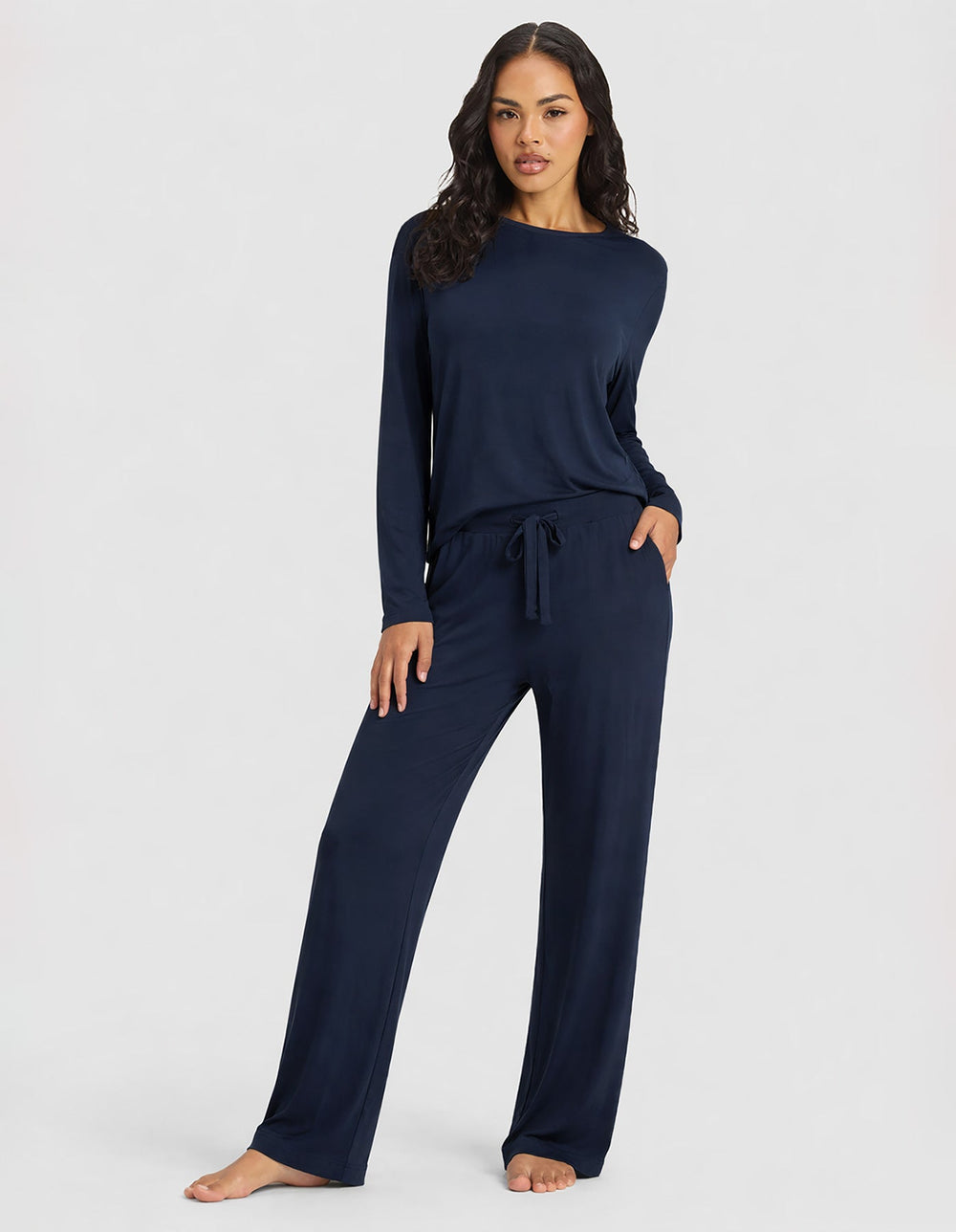 Women's Bamboo Stretch-Knit Long Sleeve Lounge Tee & Pant Set in blue | Cozy Earth