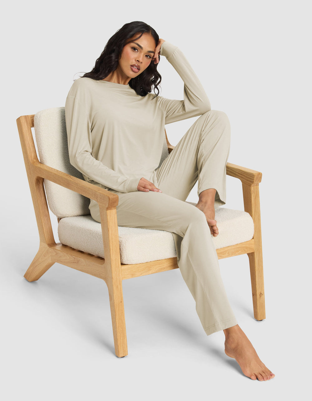 Women's Bamboo Stretch-Knit Long Sleeve Lounge Tee & Pant Set in blue | Cozy Earth