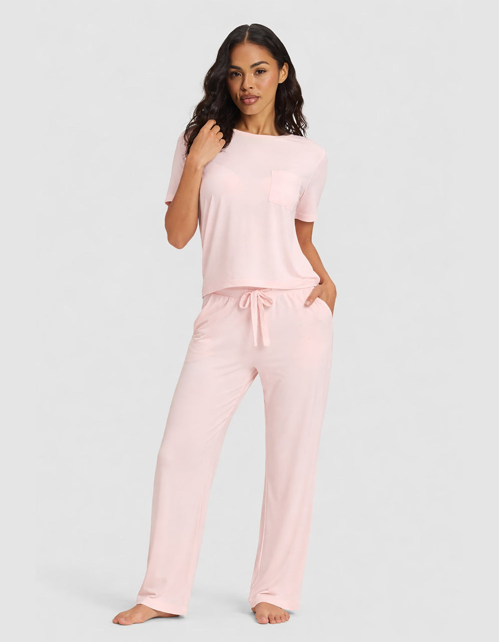Women's Bamboo Stretch-Knit Lounge Tee & Pants Set in pink | Cozy Earth