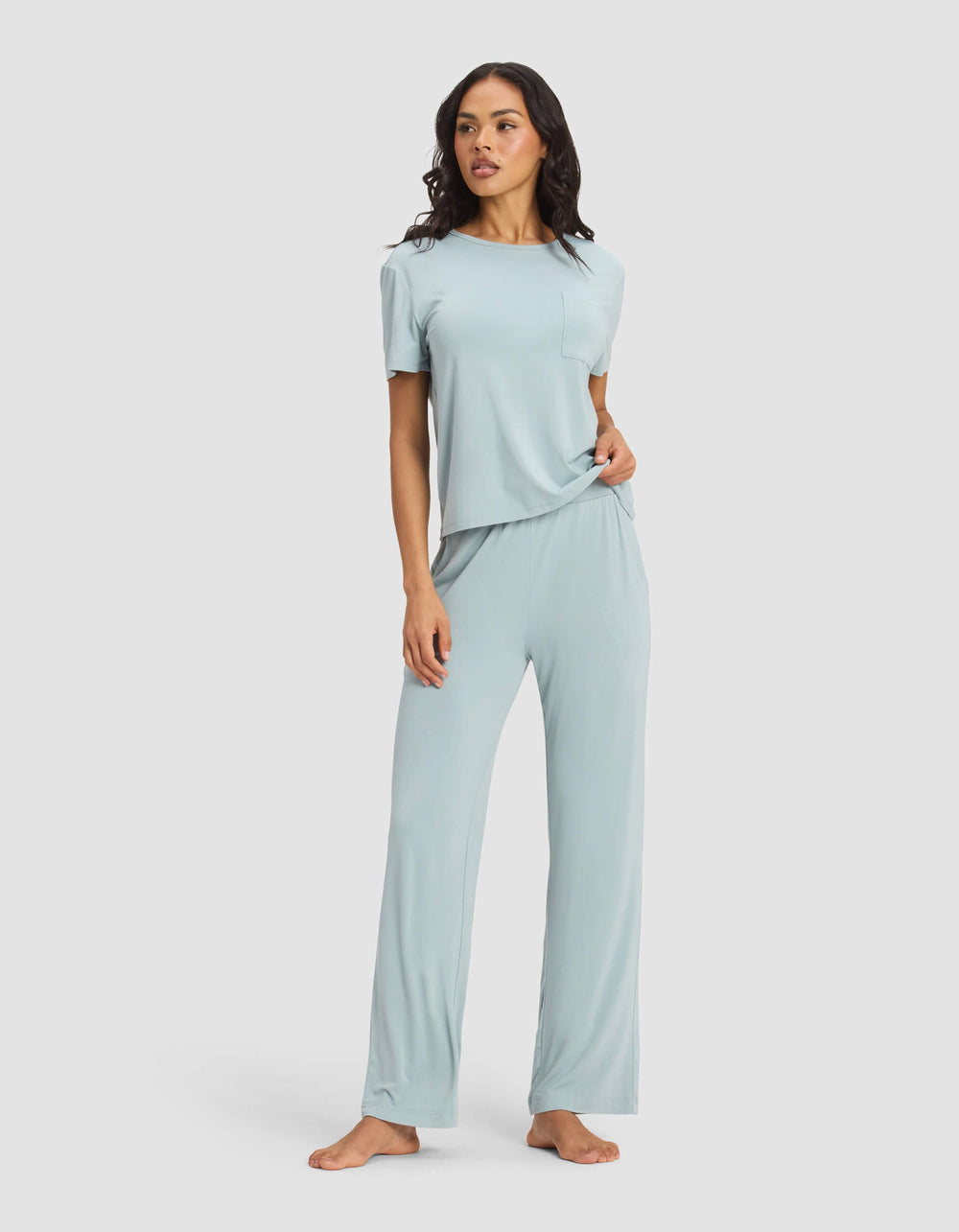 Women's Bamboo Stretch-Knit Lounge Tee & Pants Set in pink | Cozy Earth