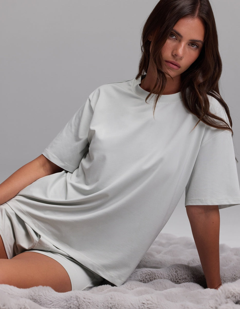 Women's First Layer Pajama Short Sleeve Tee & Boxer Short Set in beige | Cozy Earth