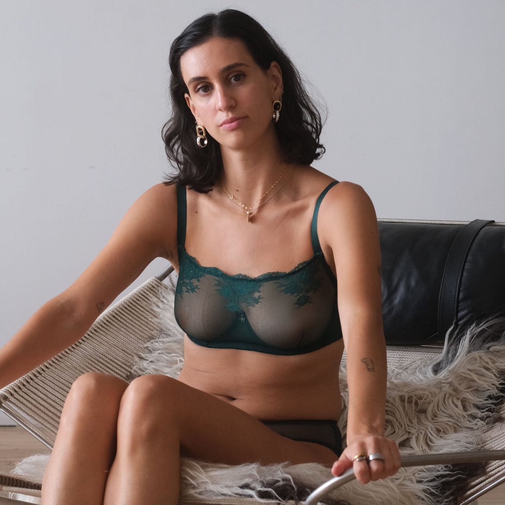 Kim High Neck Sheer Lace Underwire Bra in blue | Amour d'Agnette