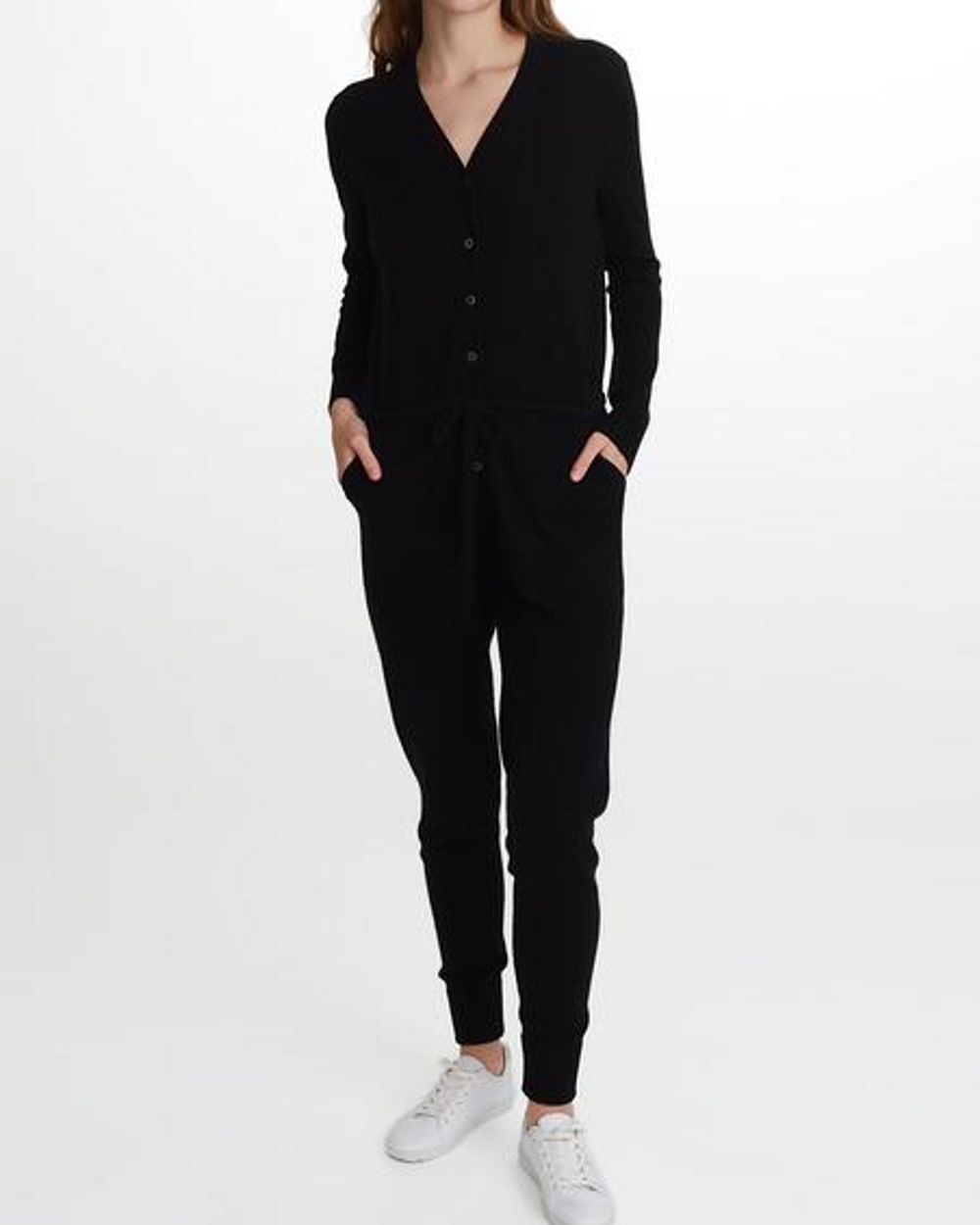 White + Warren Cashmere V-Neck Jumpsuit in black
