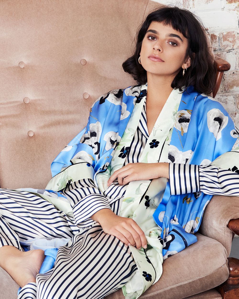 Violet & Wren Ultra Blue Peony Piped Kimono in blue