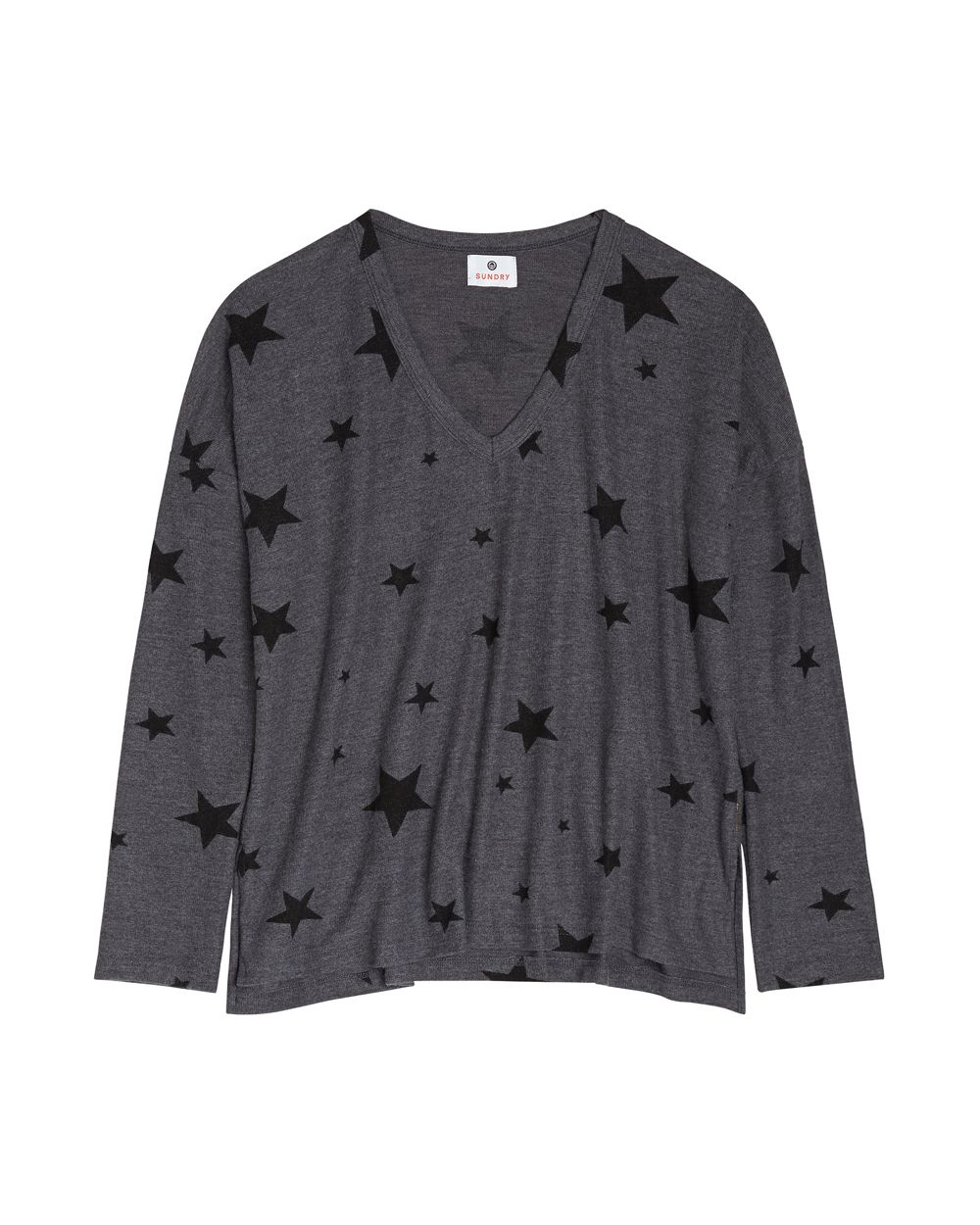 Sundry Star Print V Neck Easy Sweater in gray