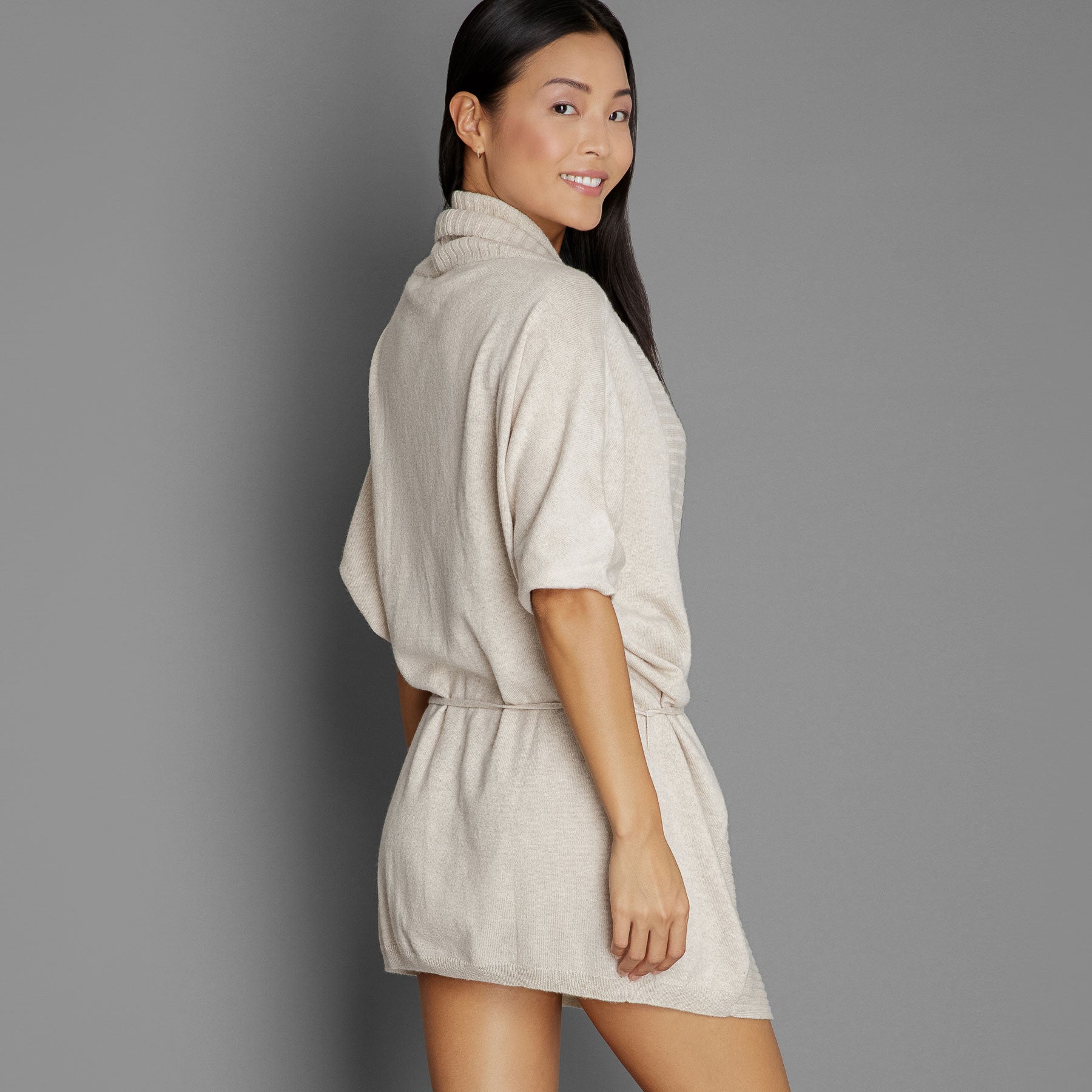 Arlotta Short Wrap Kimono Sleeve Robe in beige